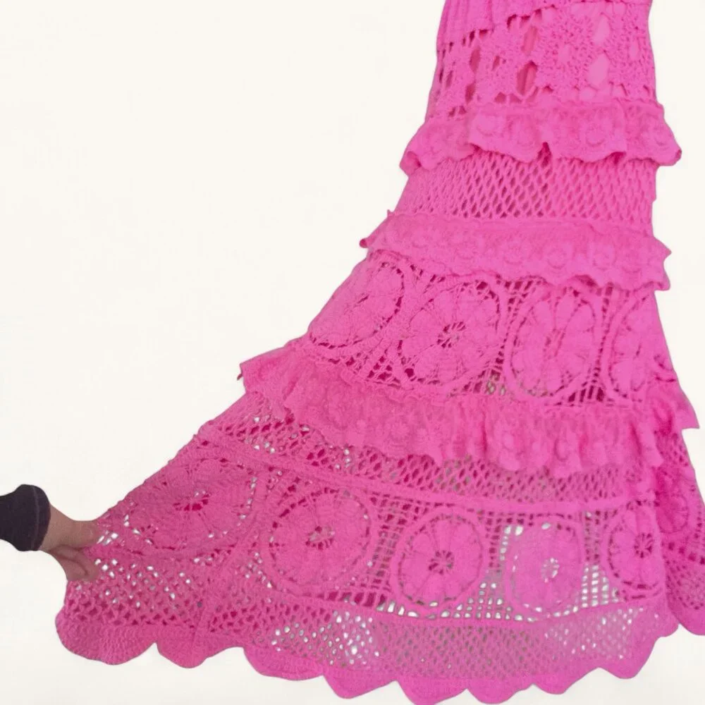 POL Bubblegum Pink Tiered Ruffled Flowy Crochet Maxi Skirt - Picture 3 of 7